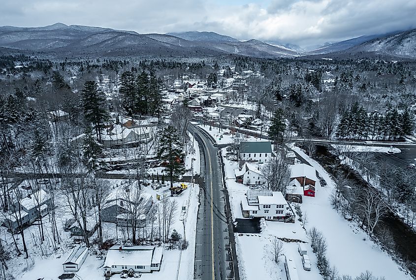 Aerial view of Woodstock during winter in New Hampshire.