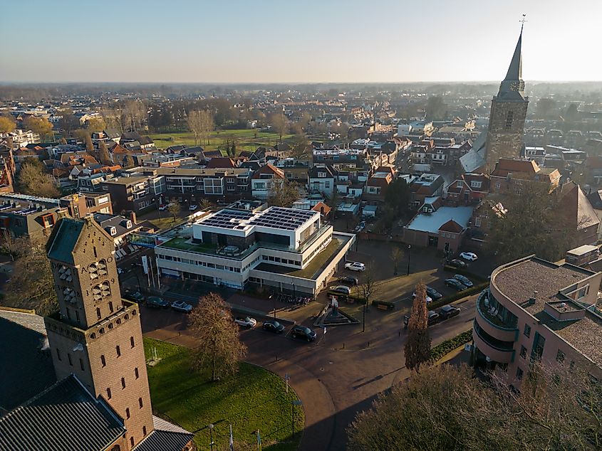 Aerial view of Winterswijk, the Netherlands, in morning sunlight