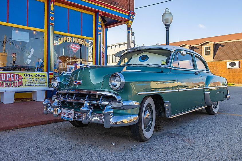 Metropolis, Illinois: Chevrolet, Bel Air, Classic car parked in front of the Super Museum