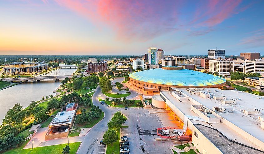 Wichita, Kansas, USA downtown city skyline at dusk.