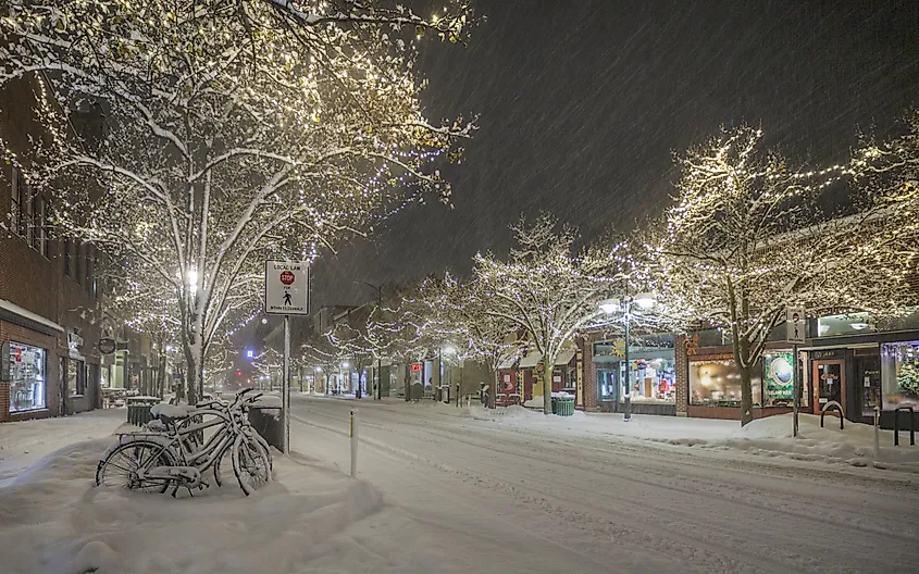 Downtown Traverse City, Michigan with holiday lights.
