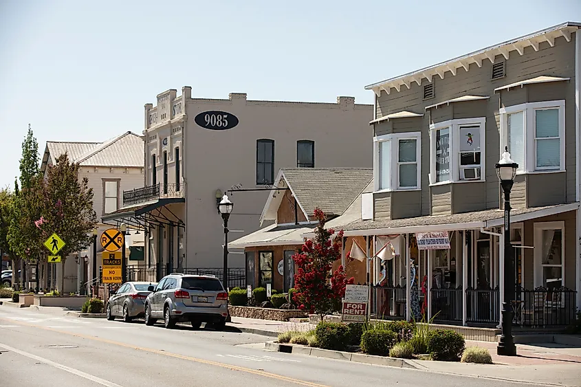 Afternoon sunlight illuminating historic downtown Elk Grove