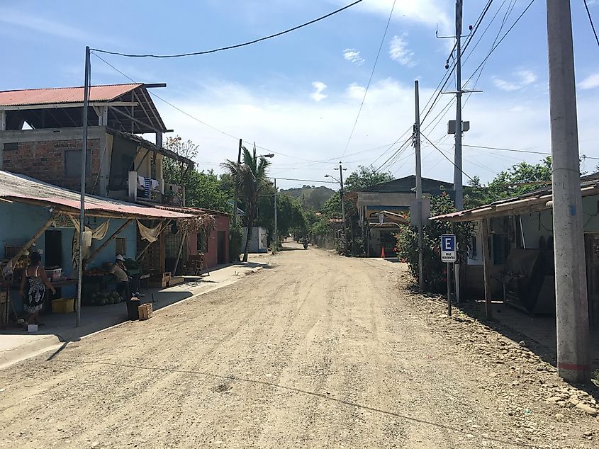 A dusty road leading through a small South American town