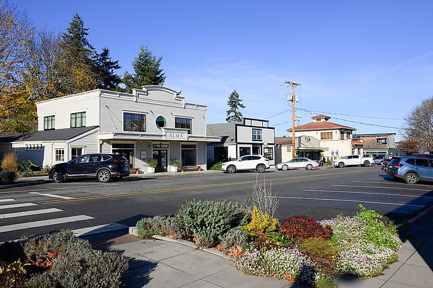 Cityscape view of Anthes Avenue and Alma business in Langley on Whidbey Island.