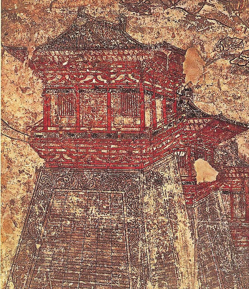 Que towers along the walls of Chang'an, as depicted in a mural from Li Chongrun's tomb at the Qianling Mausoleum in Shaanxi