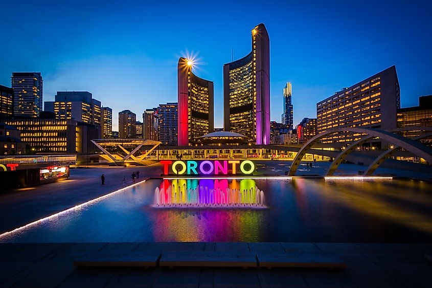 Nathan Phillips Square and Toronto Sign in downtown at night, in Toronto, Ontario.