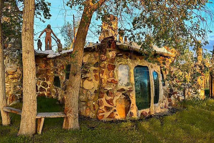 Stone house, symbolic objects and native american sculptures at Thunder Mountain Monument Preservation Project on I-80 Interstate Highway in Imlay, Nevada, USA.