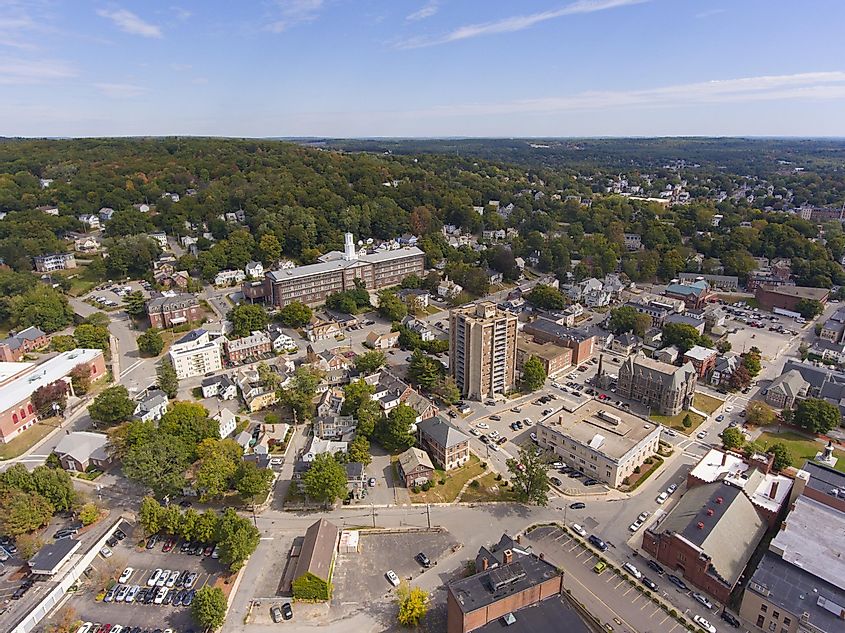 Fitchburg city downtown aerial view on Main Street in fall, Fitchburg, Massachusetts MA, USA.
