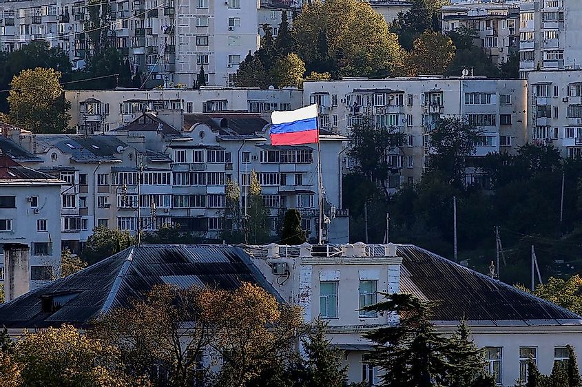 Russian flag among the houses in Sevastopol in the Crimea Peninsula.