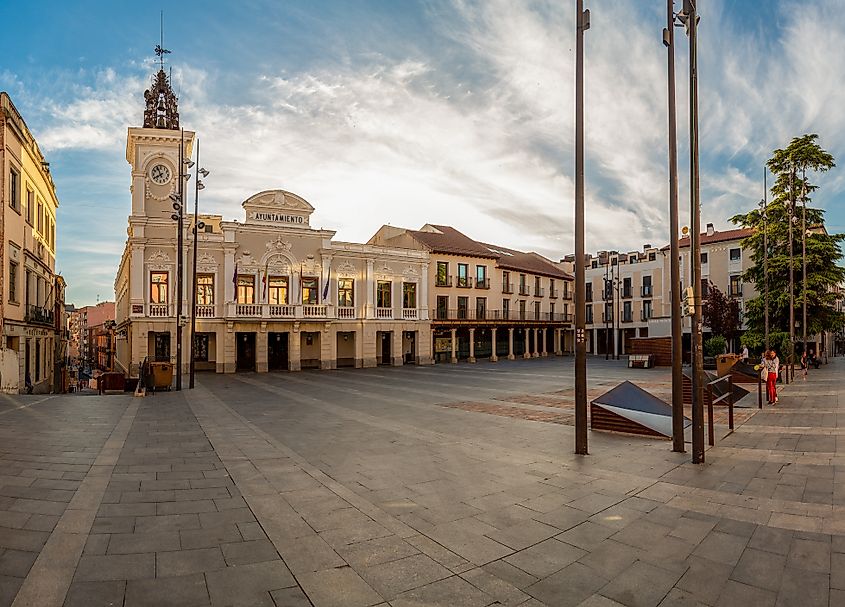 The Plaza Mayor features the 1906 Town Hall, Guadalajara, Spain.