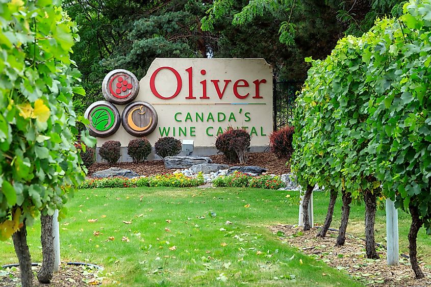 "Canada's Wine Capital" sign on Highway 97 at the entrance to the small town of Oliver, British Columbia, Canada. 