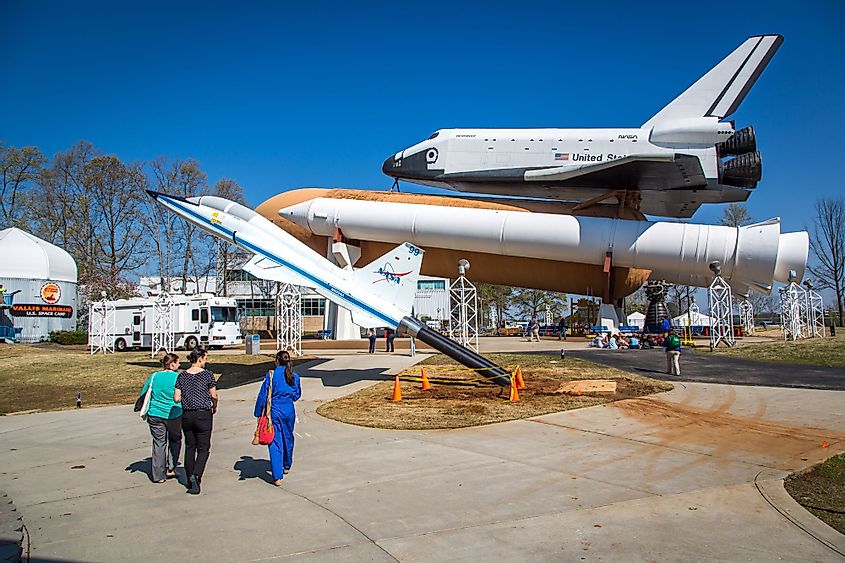 Tourists enjoying a blue sky day at the Marshall Space Flight Center in Huntsville, Alabama