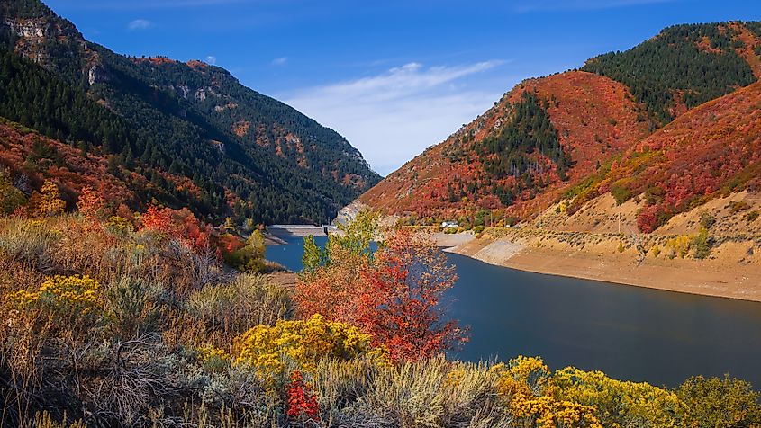 Fall colors in the Deer Creek Reservoir in Midway, Utah.