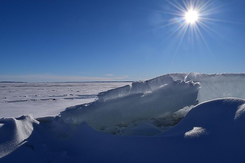 A frozen Fort Peck Lake in winter.