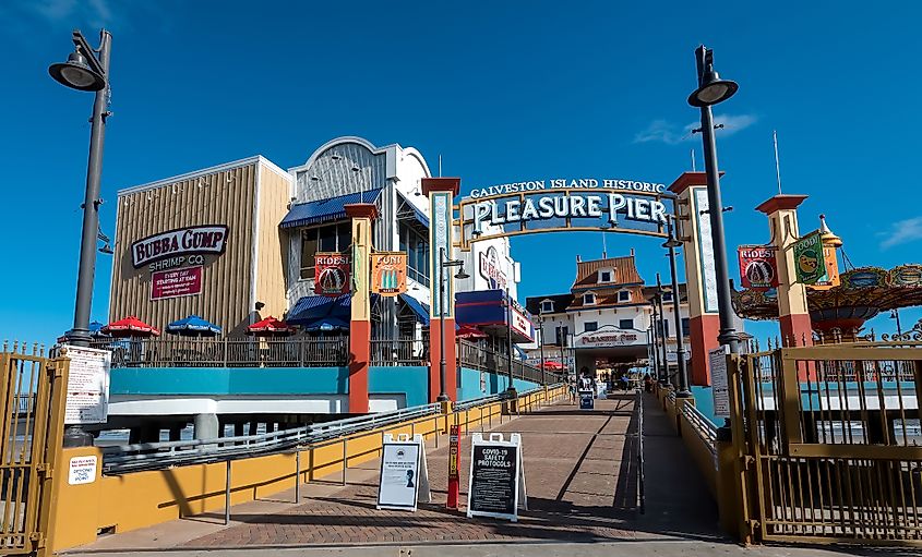View of the Pleasure Pier amusement park in Galveston Island, Texas.