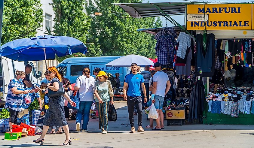 Chisinau, Moldova, authentic street photography of people and shops at Piata Centrala market