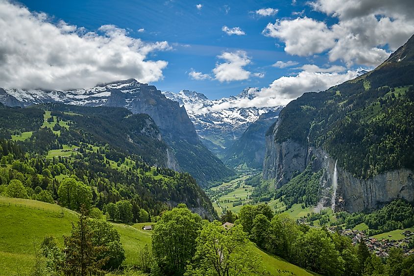 Beautiful view on Lauterbrunnen valley in Swiss Alps.
