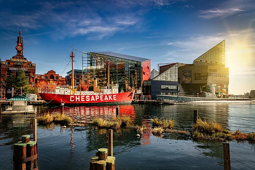 The lightship Chesapeake, belonging to the National Park Service, moored at the Inner Harbor. Via Shutterstock / Bill Chizek