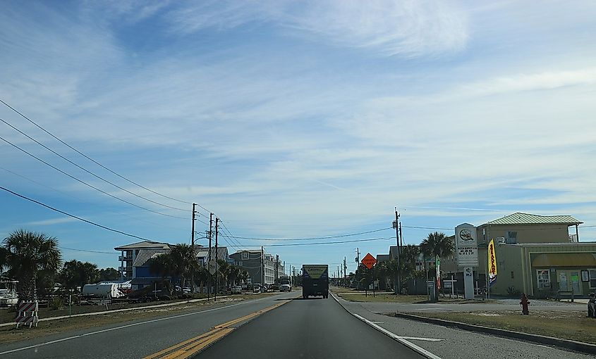 Traveling easterly on U.S. Route 98 in Mexico Beach, Florida.