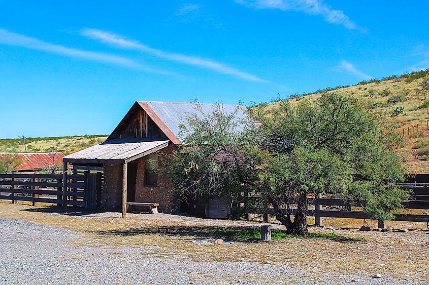 Sandstone buildings and structures in Shakespeare, a ghost town in Lordsburg, New Mexico.