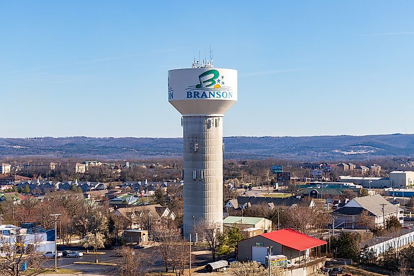 Branson water tower near the entertainment strip of Branson, Missouri, a popular tourist destination.