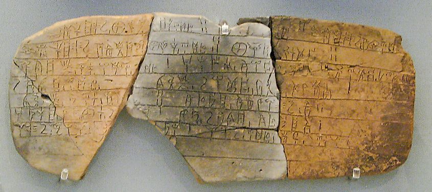 Clay tablet (PY Ub 1318) inscribed with Linear B script, from the Mycenaean palace of Pylos