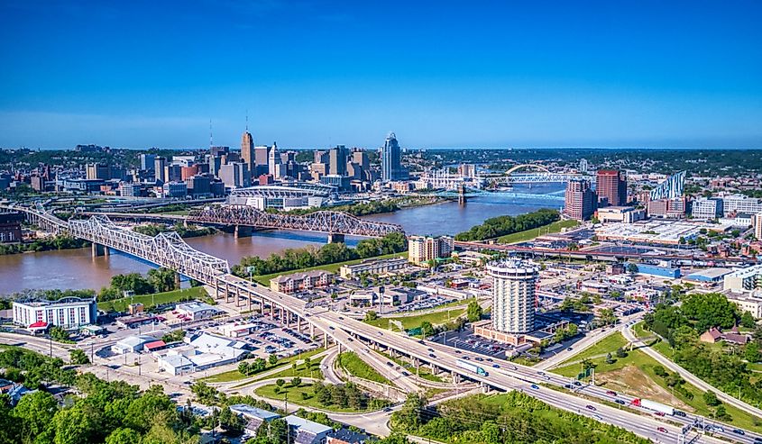 Aerial view of Covington with water and downtown streets. 