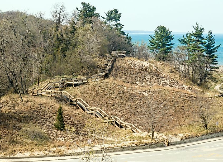 Dune boardwalk at Weko Beach Park, Bridgman, Michigan, USA, with Lake Michigan in background