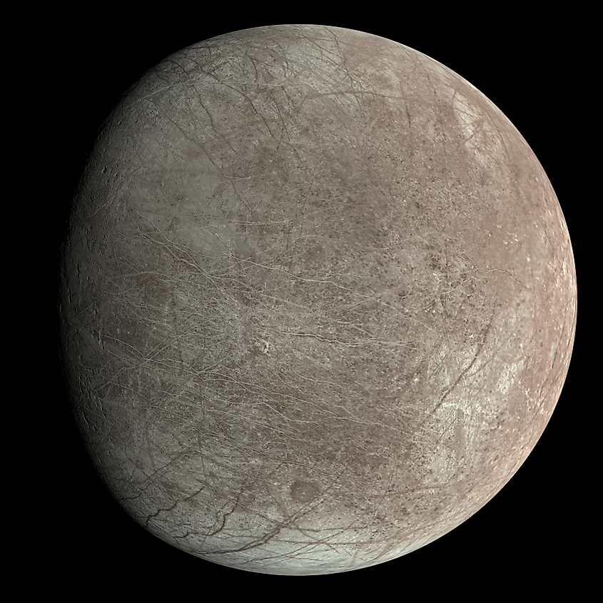 True color image of Europa. NASA/JPL-Caltech/SwRI/MSSS/Kevin M. Gill, CC BY 2.0, via Wikimedia Commons