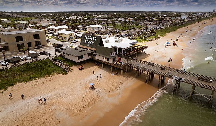 Aerial view of the beach in Flagler Beach, Florida, shot from a drone