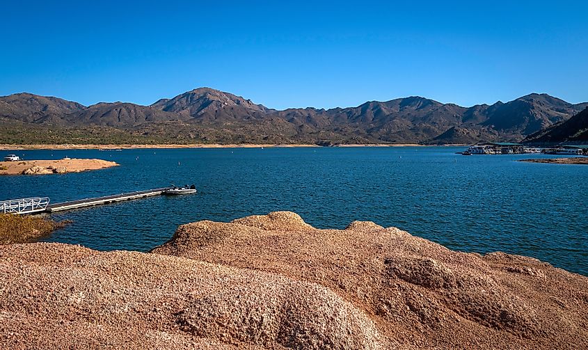 Tranquil autumn landscape at Bartlett Lake boat launching ramp in Tonto National Forest in Arizona