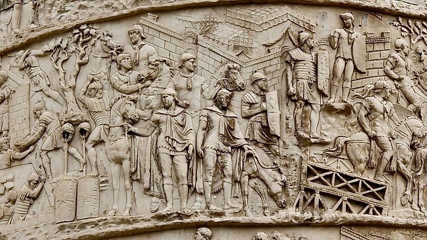 Trajan’s Column shows a military scene with Roman leaders and cavalry assembling near a fort (History Skills via Shutterstock)