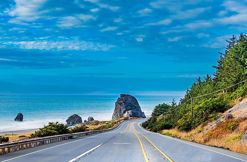 The legendary roadside rock formation "Kissing Rock" in Gold Beach, Oregon.