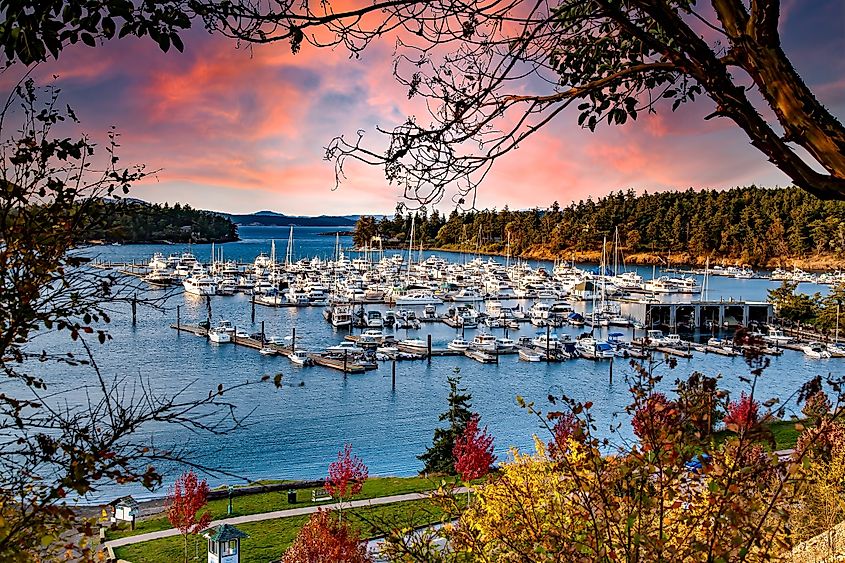 Boats moored at Roche Harbor in San Juan, Washington.