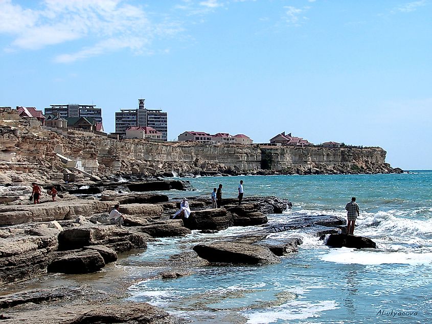 Caspian Sea near Aktau Lighthouse, Mangystau Region, Kazakhstan. Wikimedia Commons.