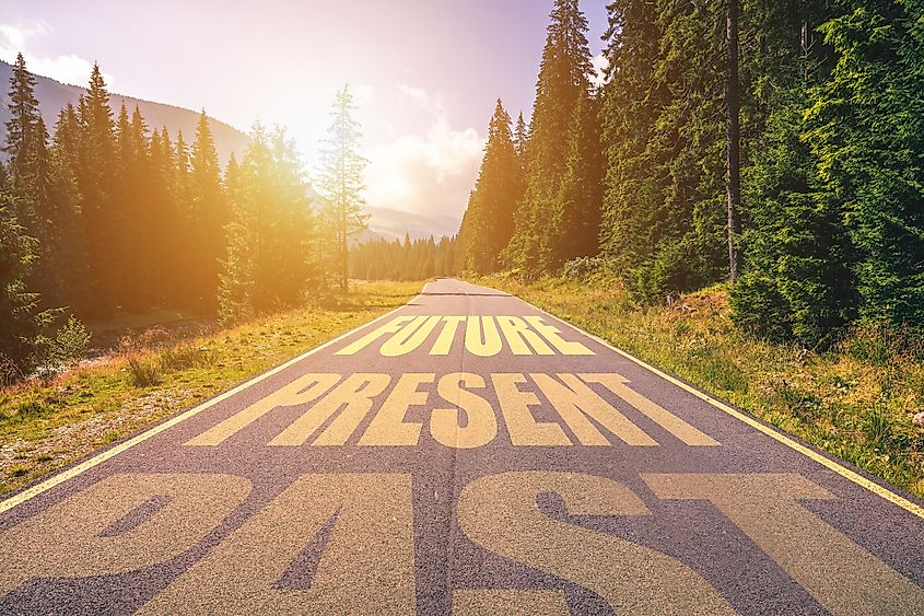 A scenic view of an empty road winding through mountains illustrates the concept of "Past, Present, Future."