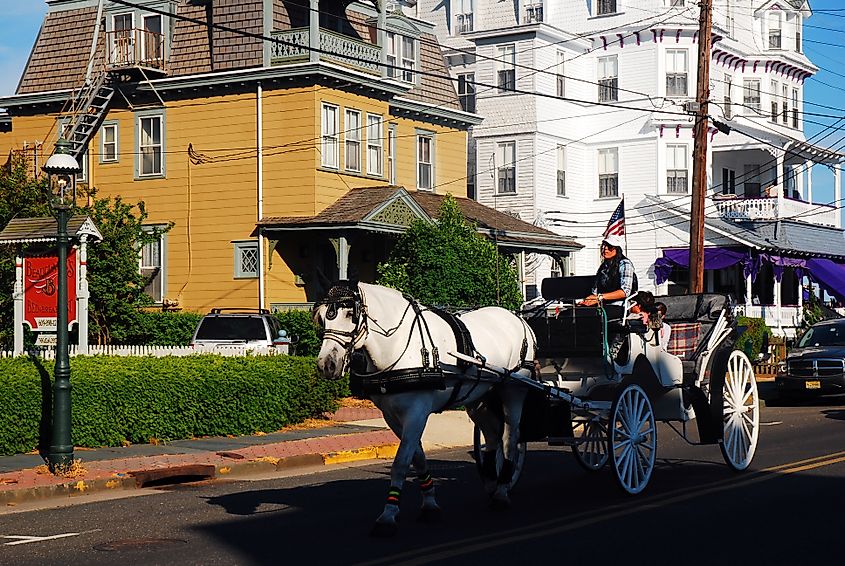 A horsecarriage takes visitors through the historic streets of Cape May New Jersey. 