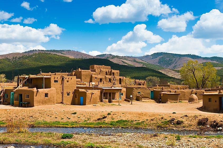 View of buildings in adobe architecture in Taos Pueblo