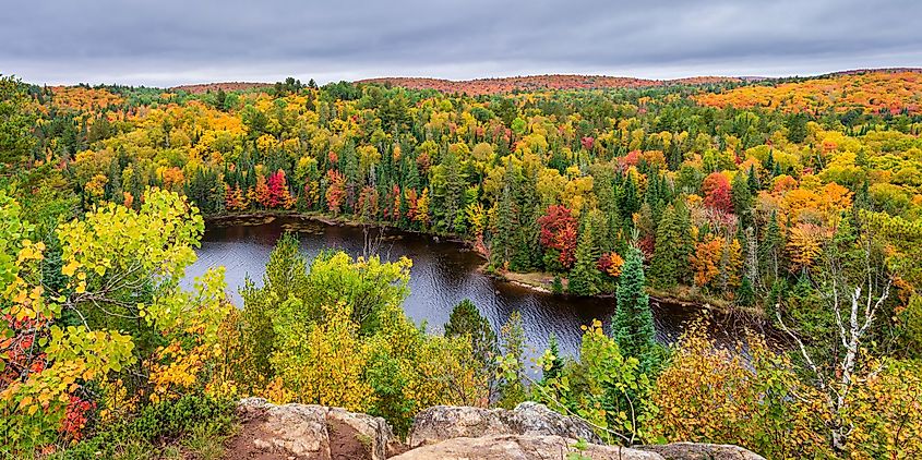 Panorama showcasing the vibrant fall colors of Algonquin Provincial Park in Ontario, Canada.