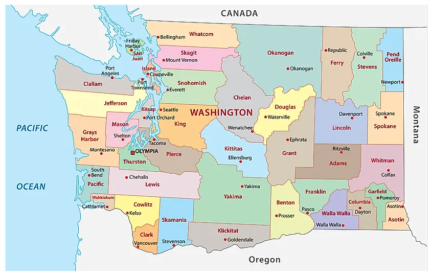 Map of the counties of Washington state, with Whatcom County in the far northwest corner along the Canadian border.