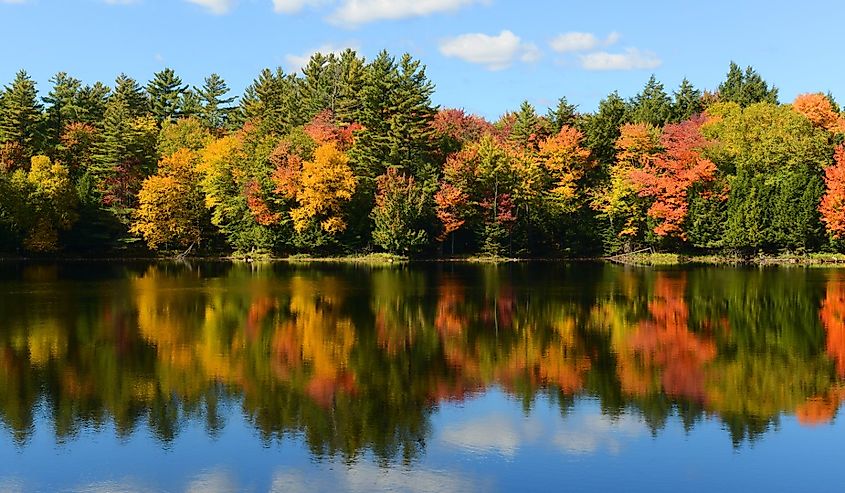 Church Pond in fall with foliage in town of Paul Smiths, Adirondack Mountains, New York.