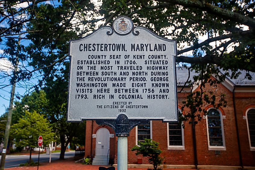 A vintage signpost in the city center of the historic Chestertown, Maryland