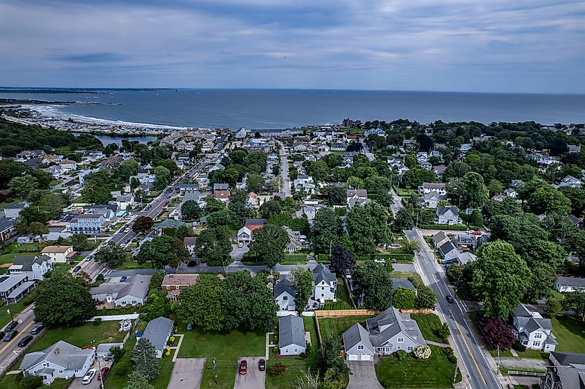 Aerial view of Narragansett, Rhode Island, in summer.