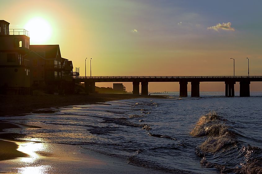 Chic's Beach in Virginia Beach, with Chesapeake Bay Bridge Tunnel in the background.