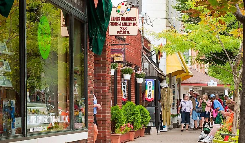 Downtown sidewalk in Saugatuck, Michigan.