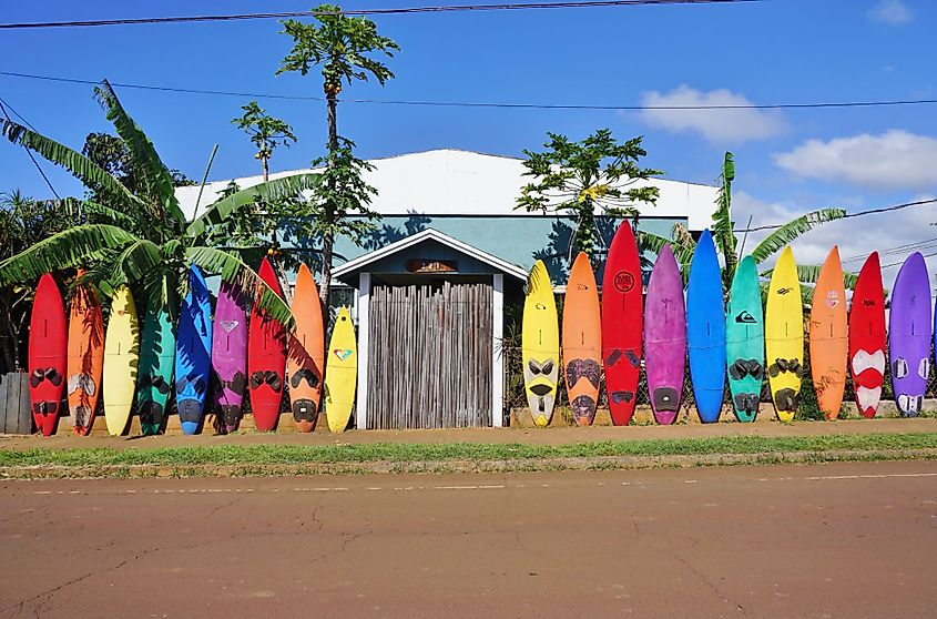 Colorful surfboards in the streets of Maui in Paia, Hawaii