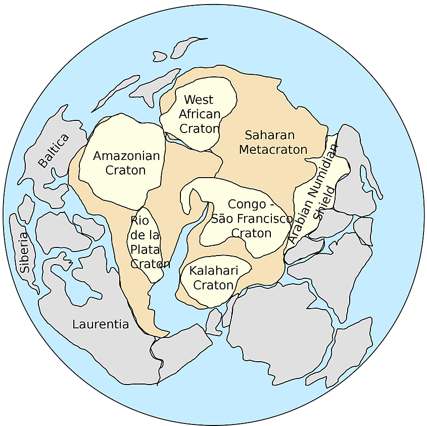Pannotia super-continent, showing platons, hypothetical sketch map.