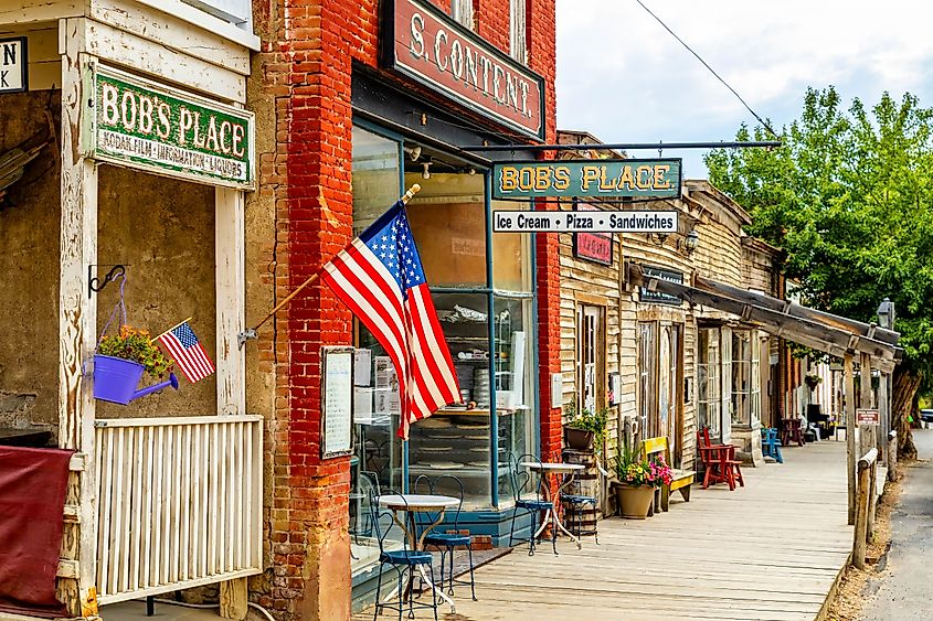Historic buildings and wooden storefronts of Virginia City, Montana