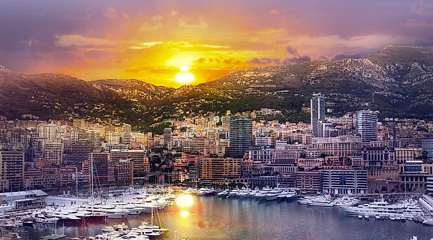 Main marina of Monte Carlo in Monaco at sunset
