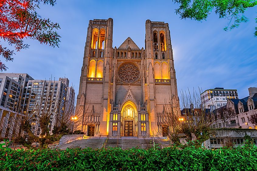 Grace Cathedral at Twilight in downtown San Francisco.
